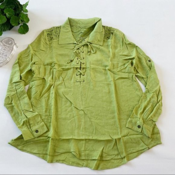 Entro | Vetiver Lace Up Crochet Back Top Lime Green New Crinkle Hi Low Medium - Picture 2 of 13